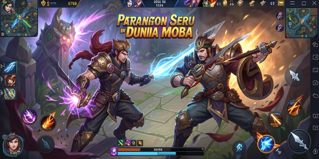 Tampilan dinamis pertarungan tim dalam 8768 di arena MOBA.
