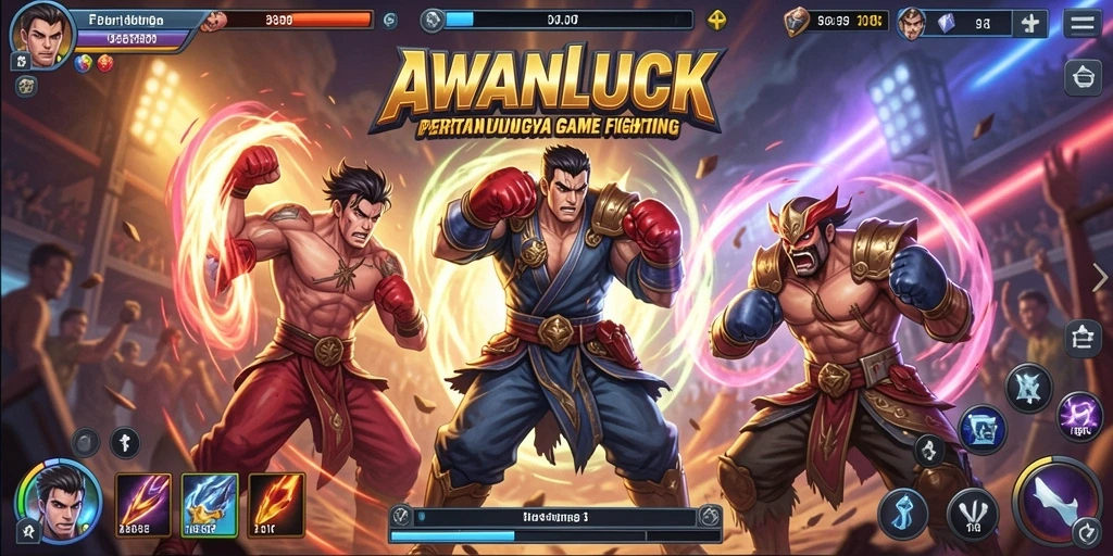 Tampilan pertarungan seru dalam AWANLUCK dengan karakter yang beragam.