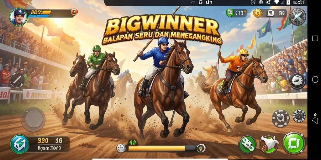 Screenshot gameplay <strong>BIGWINNER</strong> menampilkan mobil balap yang melaju kencang di lintasan.
