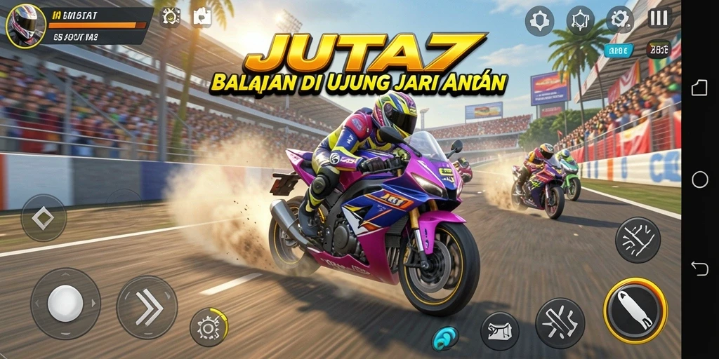 Screenshot JUTA7 menampilkan balapan motor yang penuh aksi dan kecepatan.