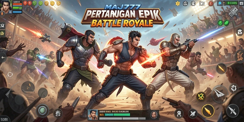 Screenshot MAJ777 menampilkan aksi intens dalam pertempuran Battle Royale.