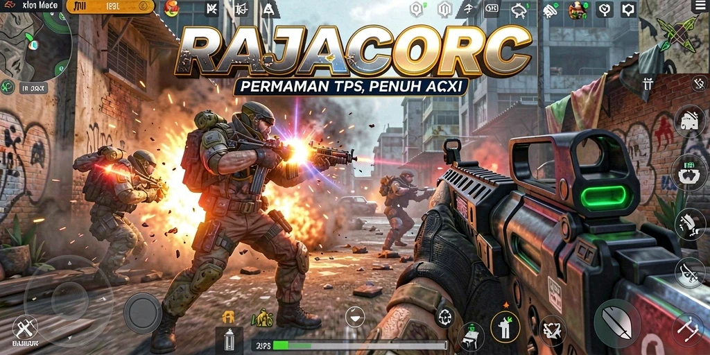 Tangkapan layar RAJACORC menampilkan aksi seru dari gameplay TPS.