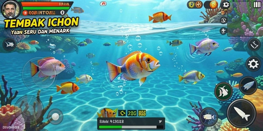 Tampilan gameplay seru dalam ROBINTOGEL, menembak ikan dengan efektif.